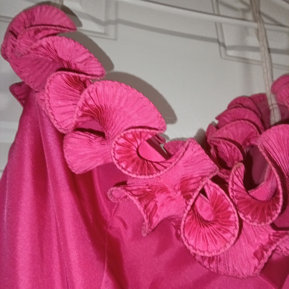 🦄 Vintage Richilene Chic Fuchsia Ruffle Evening Dress Gown Size Large - Picture 7 of 10